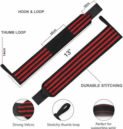 Wrist Wraps for Weightlifting – 13” Adjustable Support Bands for Gym, Bodybuilding & Power Training (Red/Black, Striped)