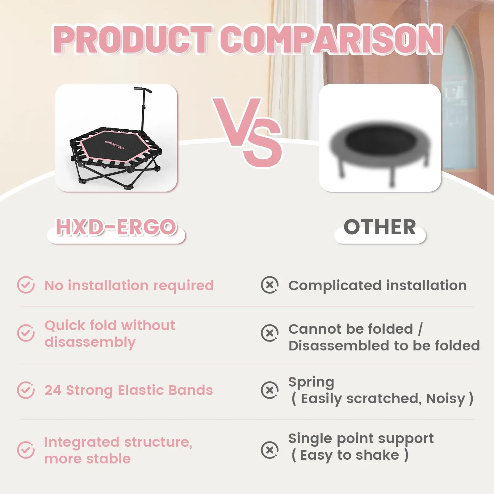 HXD-ERGO Mini Trampoline for Adults - Heavy-Duty 460Lbs Capacity with Adjustable Foam Handle - Easy to Assemble Home Gym Workout Equipment
